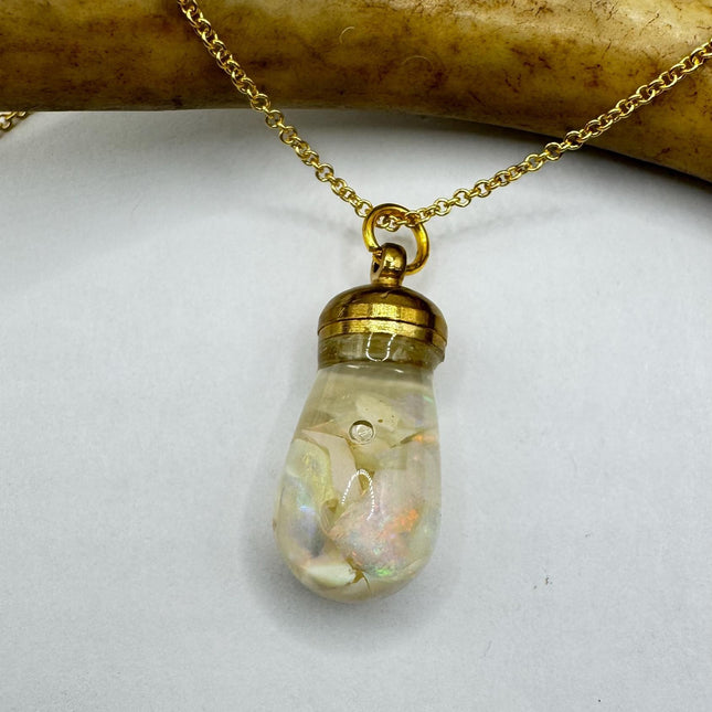 Vintage White Fire Floating Opal Necklace Gold Filled