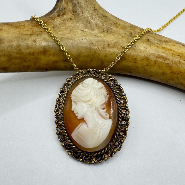Vintage Cameo Pendant Necklace 12k Gold Filled Chain