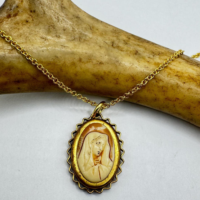 Vintage Cameo St Mary Pendant Necklace 12k Gold Filled