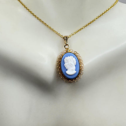 Vintage Blue Wedgewood Cameo Pendant Necklace 12k Gold Filled