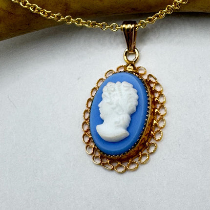 Vintage Blue Wedgewood Cameo Pendant Necklace 12k Gold Filled