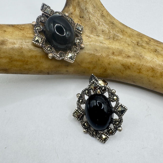 Vintage Marcasite Black Onyx Earrings: Sterling Silver Deco Studs