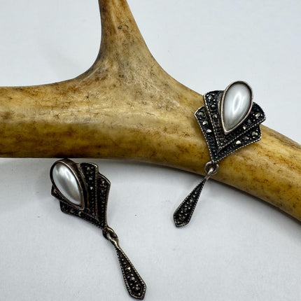 Vintage White Mother of Pearl Silver Marcasite Drop Earrings 925 Sterling Silver
