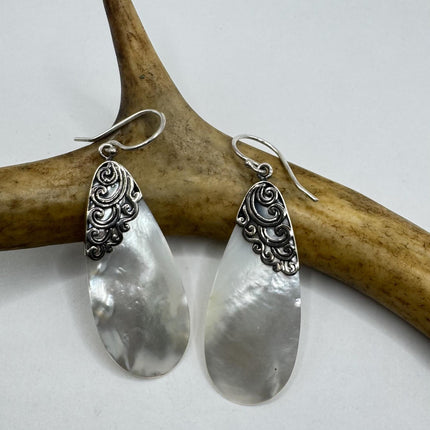 Vintage White Mother of Pearl Silver Drop Earrings 925 Sterling Silver