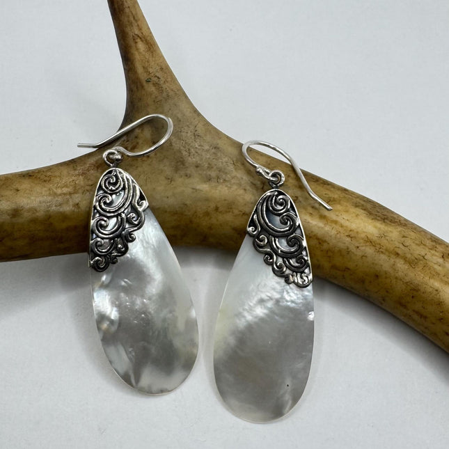 Vintage White Mother of Pearl Silver Drop Earrings 925 Sterling Silver