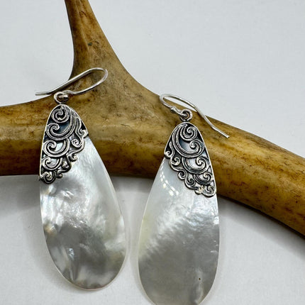 Vintage White Mother of Pearl Silver Drop Earrings 925 Sterling Silver