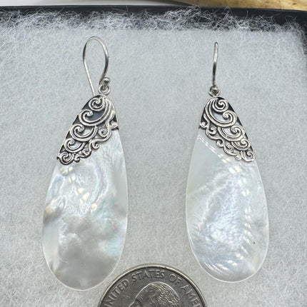 Vintage White Mother of Pearl Silver Drop Earrings 925 Sterling Silver