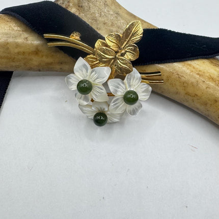 Vintage Green Jade Flowers Gold Filled Pin Brooch