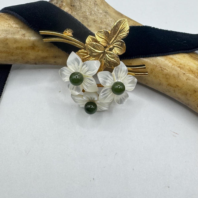 Vintage Green Jade Flowers Gold Filled Pin Brooch