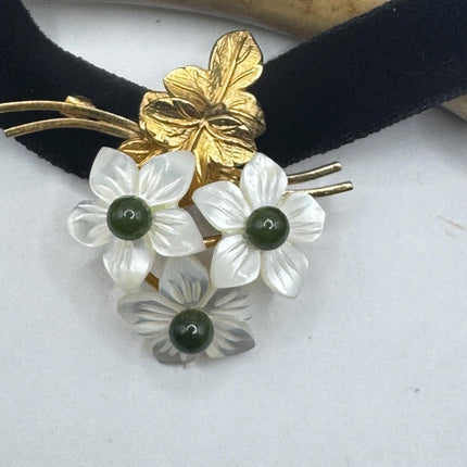 Vintage Green Jade Flowers Gold Filled Pin Brooch