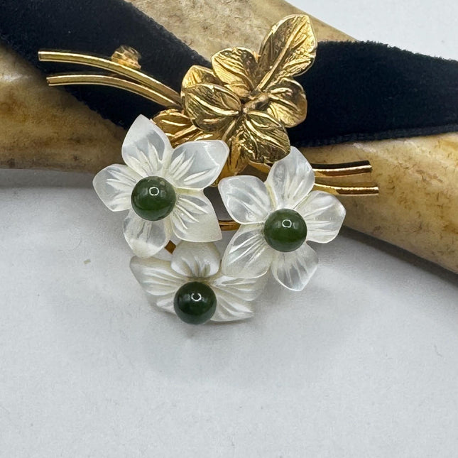 Green Jade Brooch – Vintage Gold Filled Pin With Rose Bouquet & Velvet Ribbon-Pins and Brooches-TomWayne Jewelers