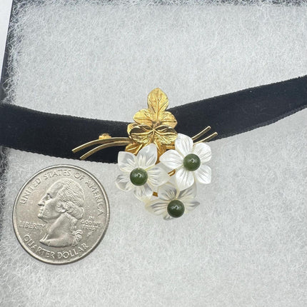 Vintage Green Jade Flowers Gold Filled Pin Brooch
