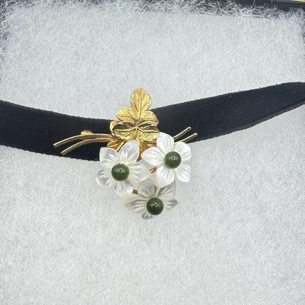 Vintage Green Jade Flowers Gold Filled Pin Brooch