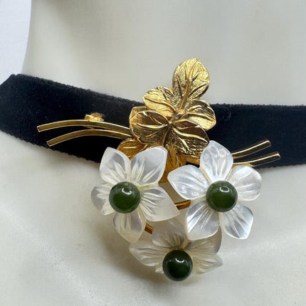 Vintage Green Jade Flowers Gold Filled Pin Brooch