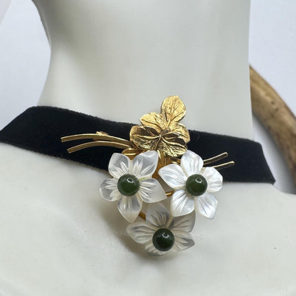 Vintage Green Jade Flowers Gold Filled Pin Brooch