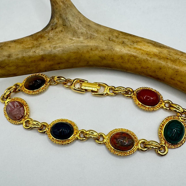 Vintage Gold Gemstone Scarab Bracelet Gold Filled