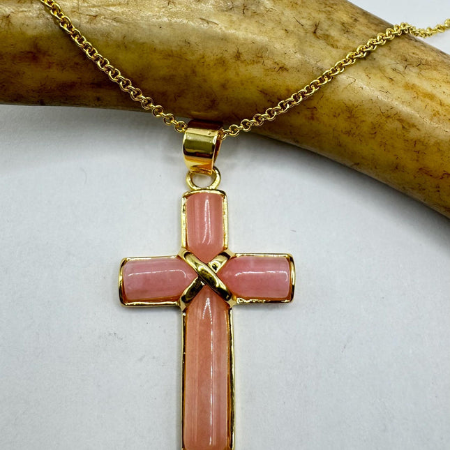 Vintage Pink Rose Quartz Cross Gold Filled Necklace