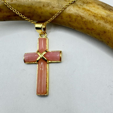 Vintage Pink Rose Quartz Cross Gold Filled Necklace
