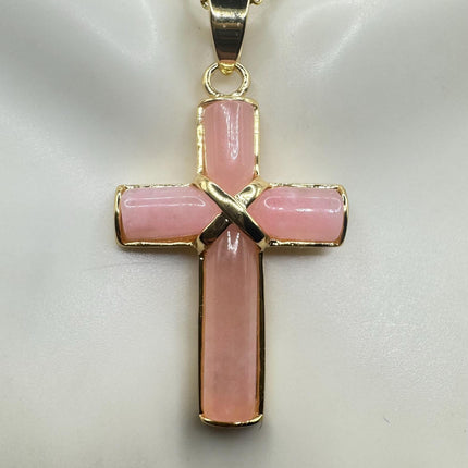 Vintage Pink Rose Quartz Cross Gold Filled Necklace