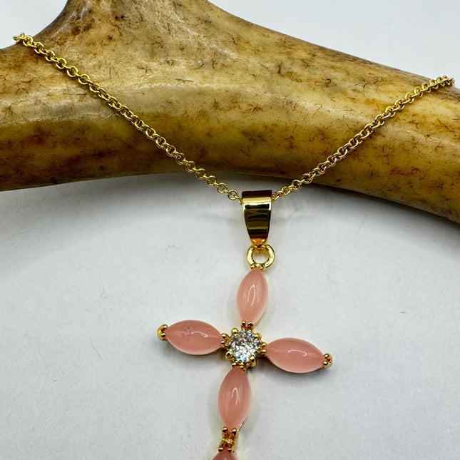 Vintage Pink Rose Quartz Cross Gold Filled Necklace