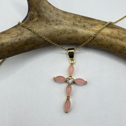 Vintage Pink Rose Quartz Cross Gold Filled Necklace