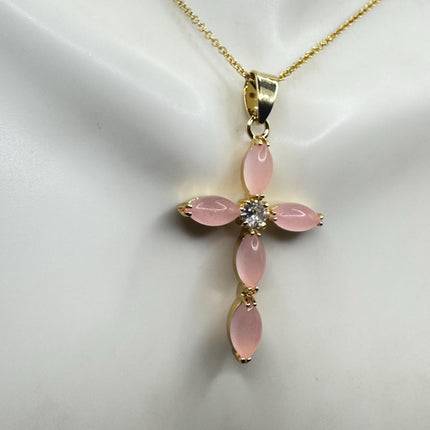 Vintage Pink Rose Quartz Cross Gold Filled Necklace