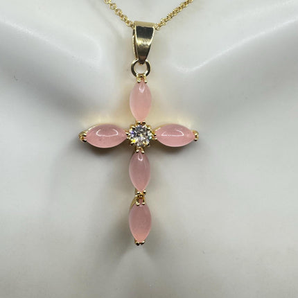 Vintage Pink Rose Quartz Cross Gold Filled Necklace