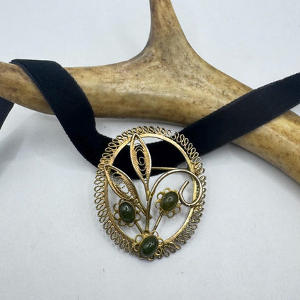 Vintage Green Jade Brooch Pin: 12K Gold Filled Velvet Choker