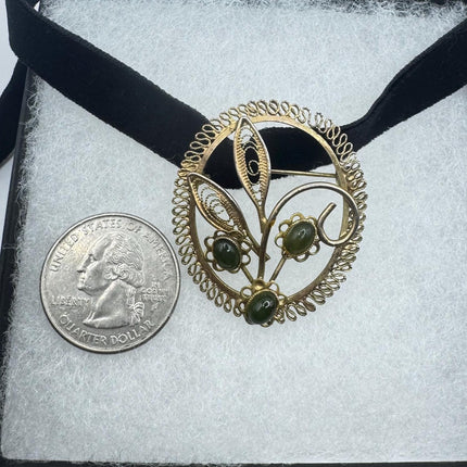 Vintage Green Jade Brooch Pin: 12K Gold Filled Velvet Choker