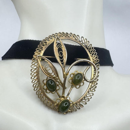 Vintage Green Jade Brooch Pin: 12K Gold Filled Velvet Choker