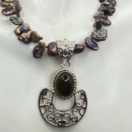 Vintage Chunky Brown Pearl Necklace 925 Sterling Silver
