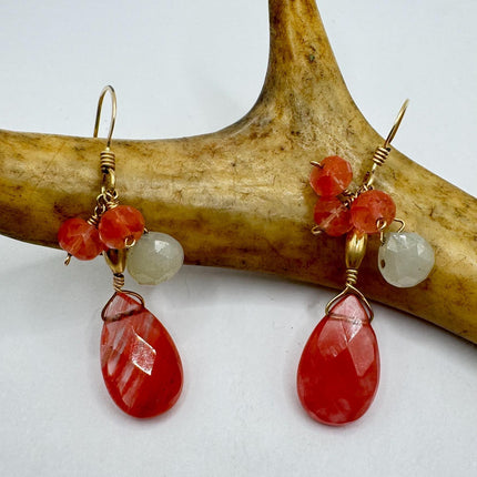 Vintage Pink Cherry Quartz Gold 925 Sterling Silver Earrings