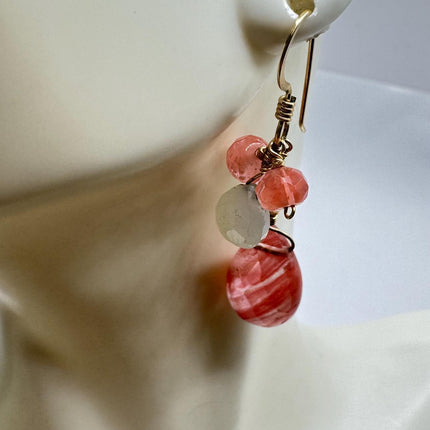 Vintage Pink Cherry Quartz Gold 925 Sterling Silver Earrings