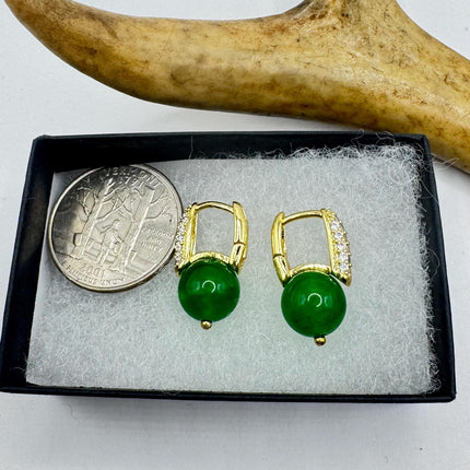 Vintage Green Jade Dangle Lucky Gold Earrings