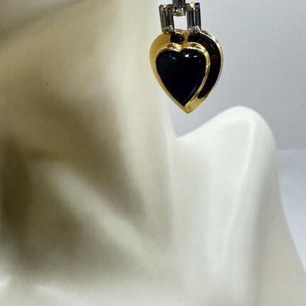 Vintage Black Onyx Gold Heart Earrings: Gold Filled