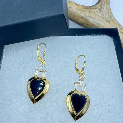 Vintage Black Onyx Gold Heart Earrings: Gold Filled