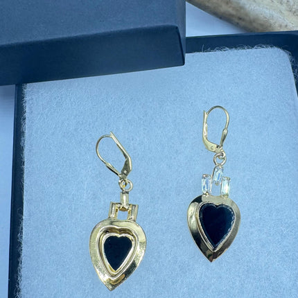 Vintage Black Onyx Gold Heart Earrings: Gold Filled