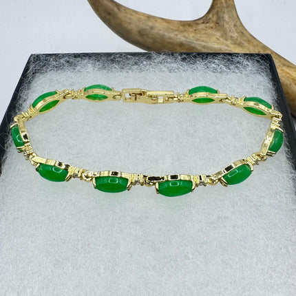 Vintage Gold Bracelet | Green Lucky Jade Bracelet 7 inch
