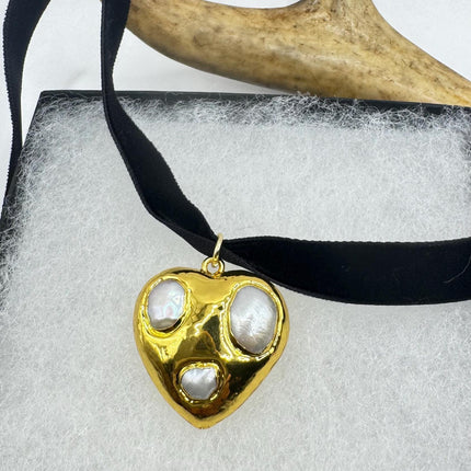 Vintage White Pearl Heart Necklace Gold Fill Black Velvet Choker
