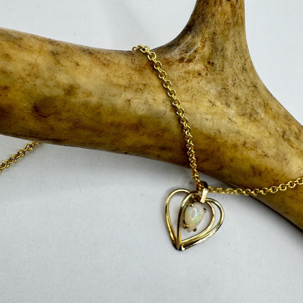 Vintage Tiny White Fire Opal Heart Necklace Gold Filled