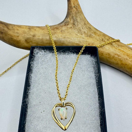 Vintage Tiny White Fire Opal Heart Necklace Gold Filled