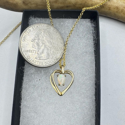 Vintage Tiny White Fire Opal Heart Necklace Gold Filled