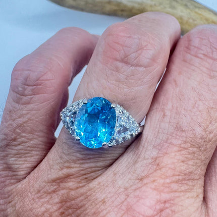 Vintage Blue Topaz Clear Diamond 925 Sterling Silver Ring
