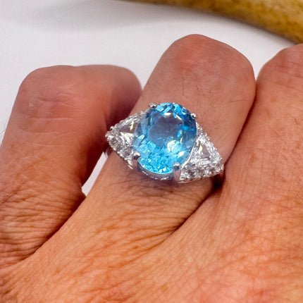 Vintage Blue Topaz Clear Diamond 925 Sterling Silver Ring