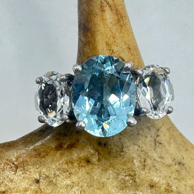 Vintage Blue and Clear Topaz 925 Sterling Silver Ring