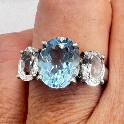 Vintage Blue and Clear Topaz 925 Sterling Silver Ring