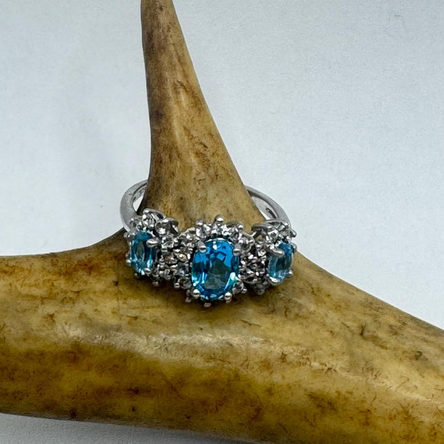 Vintage Blue Topaz Clear Diamond 925 Sterling Silver Ring