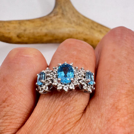 Vintage Blue Topaz Clear Diamond 925 Sterling Silver Ring