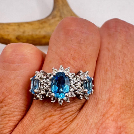 Vintage Blue Topaz Clear Diamond 925 Sterling Silver Ring
