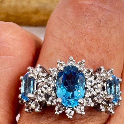 Vintage Blue Topaz Clear Diamond 925 Sterling Silver Ring